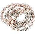 Nazareth Store Pink Beads Rosary Necklace Strong Pearl Beaded Catholic Rosary with Our Lady of Graces Medal and Cross