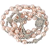 Nazareth Store Pearl Beads Rosary Miraculous Prayer Necklace Strong Metal Mystery Beaded Rosary for Men & Women