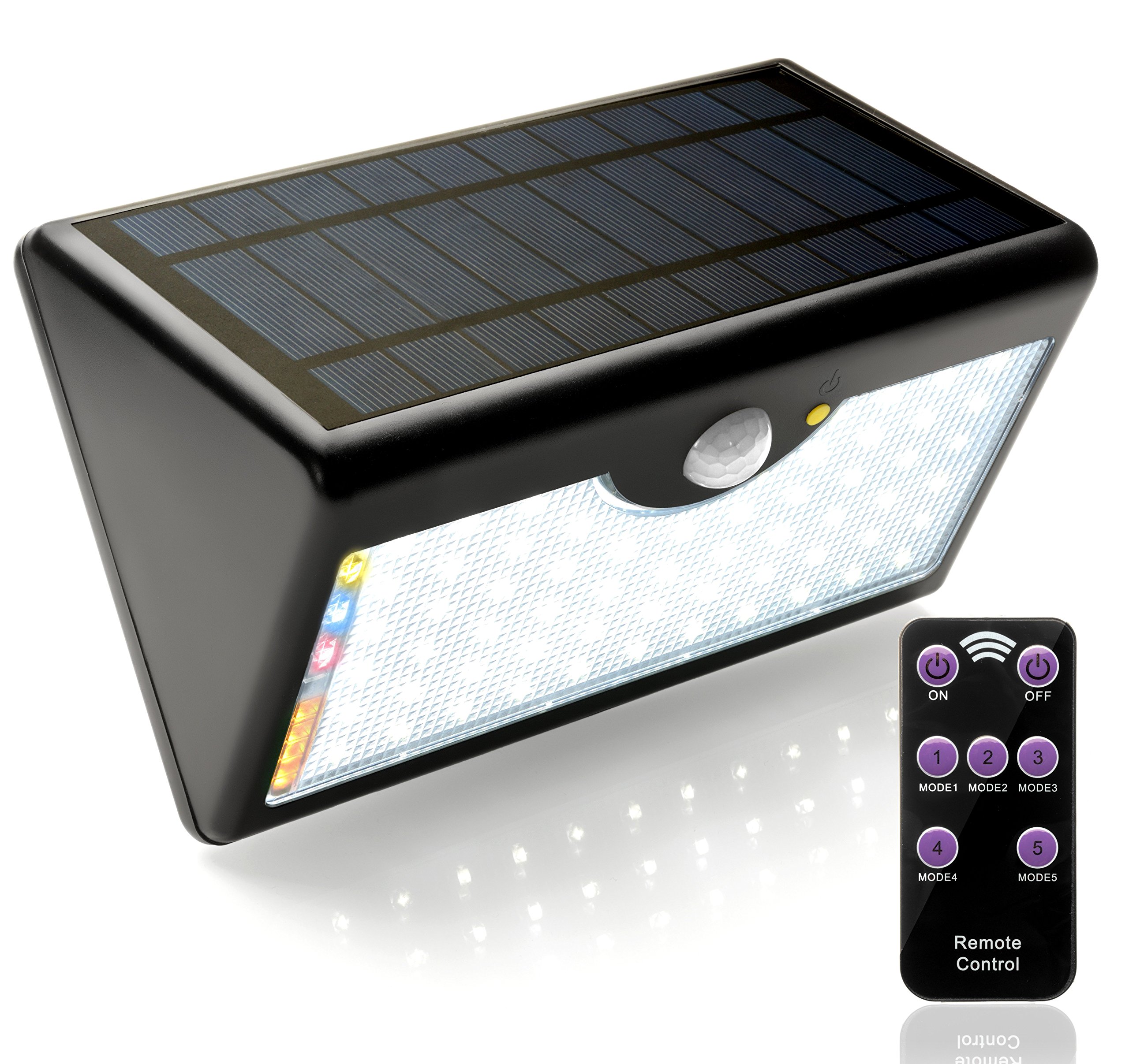EcoSolarGLB Luz Solar LED Lampara Foco - Luces Solares 60 LEDS Iluminación 1300 lúmenes con sensor de movimiento 5 MODOS distintos control remoto y autonomía de energía hasta 12h - Uso en áreas de casa exterior jardín patio entrada escalera