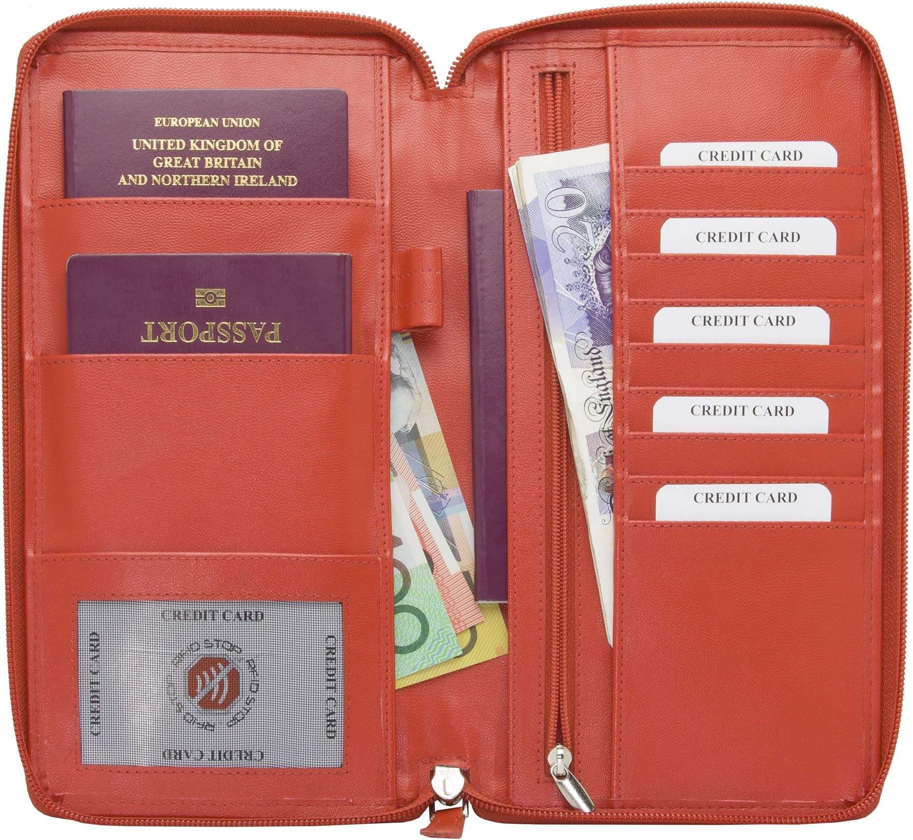 KORUMA RFID Blocking Executive Travel Wallet Biometric Passport Protector Credit Debit Card Document Holder (Red)