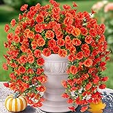 Artificial Faux Fall Hanging Flowers Plants for Outdoor Decor,2 PCS Fake Silk Morning Glory with Eucalyptus UV Resistant Realistic Mums for Wall Home Porch Patio Balcony Yard Indoor Decor, Orange