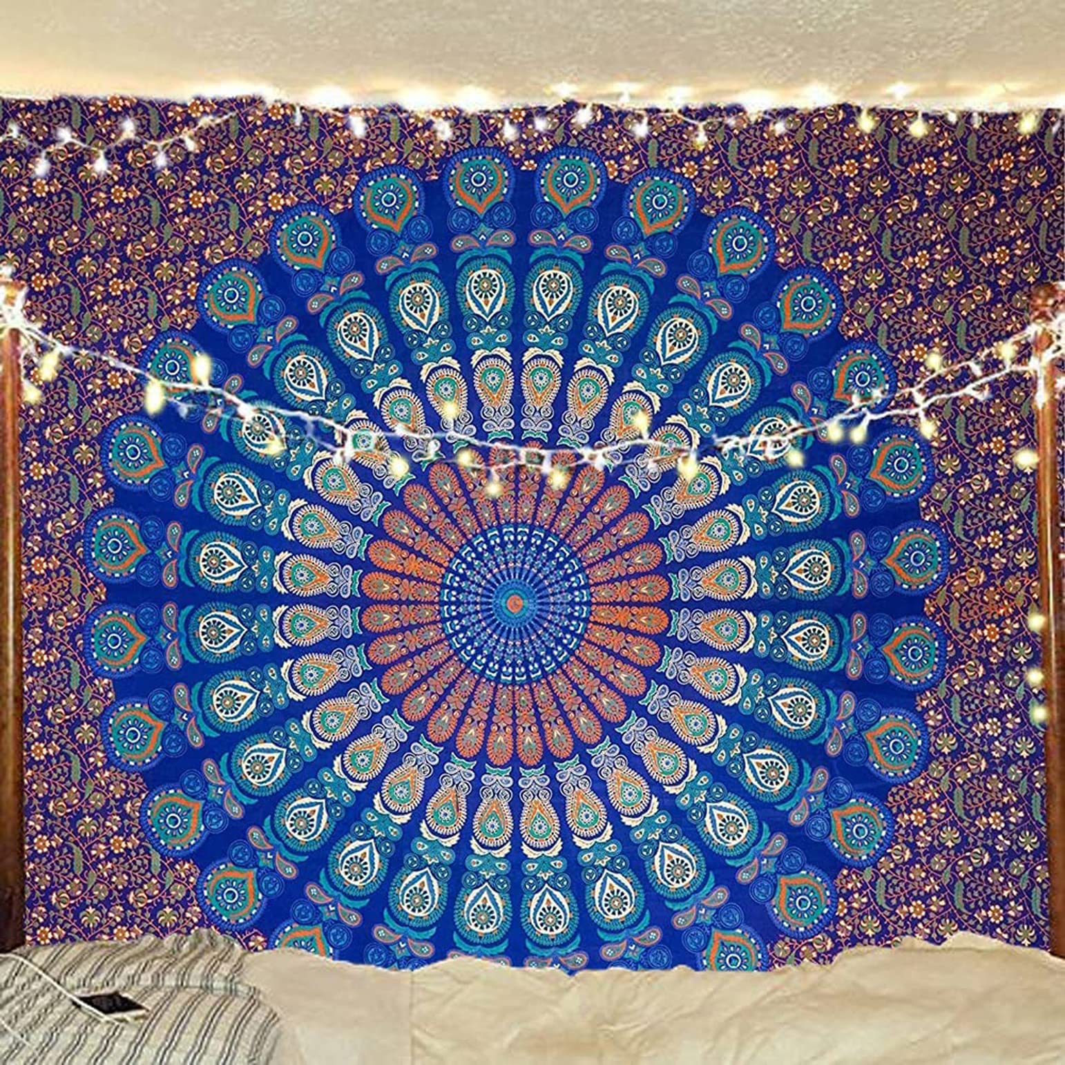 raajsee Blue Tapestry Mandala Wall Hangings, Indian cotton Beach Throw Blanket, Hippie Tapestries Boho Décor, Yoga Meditation Mat Rugs Twin Bedspread 130X150 CMS