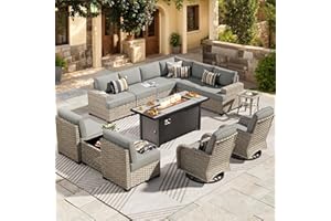 HOOOWOOO Outdoor Sectional Patio Furniture Set with Fire Pit Table,13 Pieces Wicker Conversation Sets L Shaped Couch,Extra Deep Out Door Sofa Outside Furniture with Swivel Chairs,Charcoal Gray