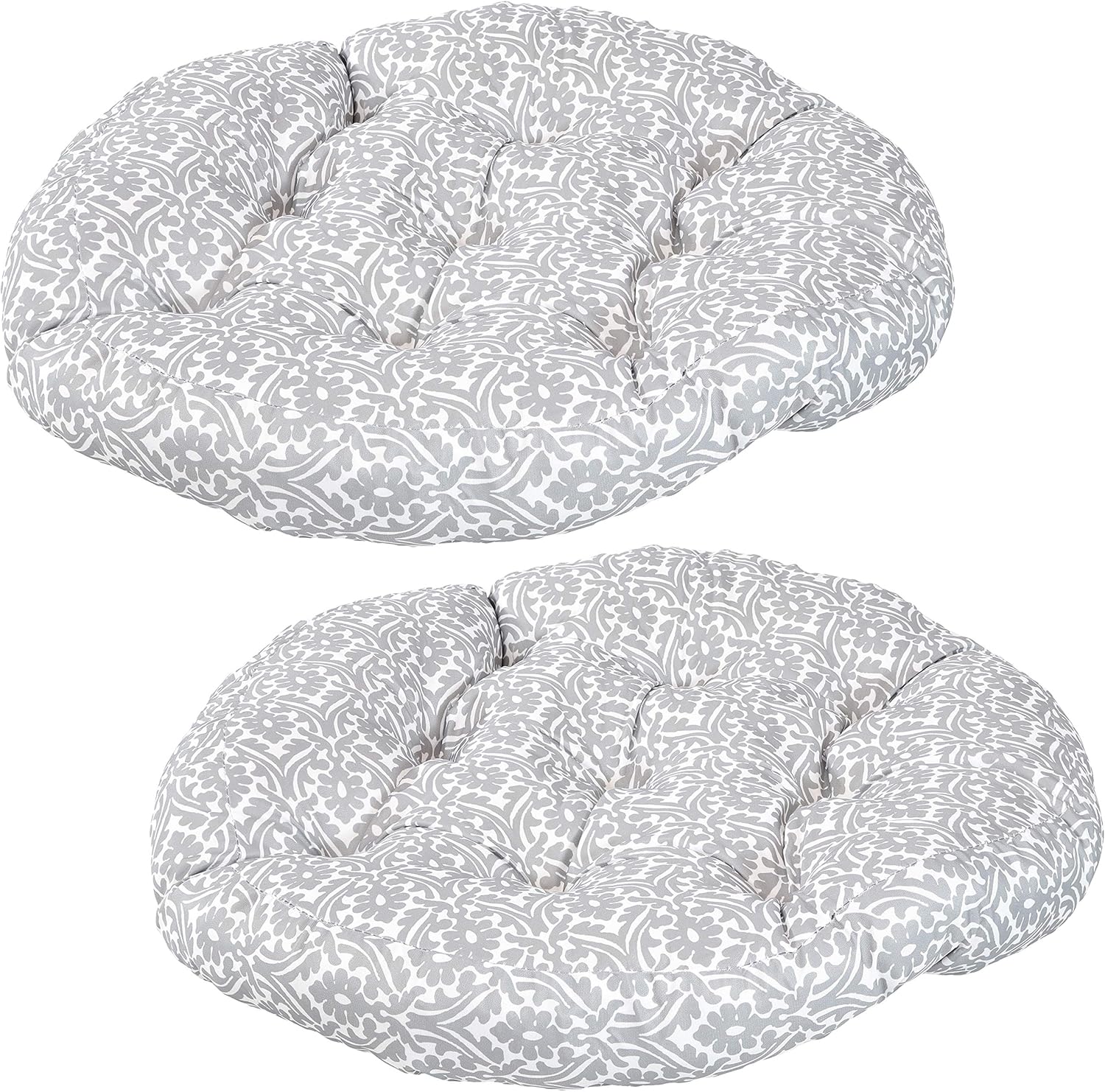 Sunnydaze Tufted Large Round Floor Cushion - Set of 2 - Unique Outdoor/Indoor Chair Cushions or Meditation Cushions - 300D Olefin with Polyester Fill - 22-Inch Diameter - Gray Damask