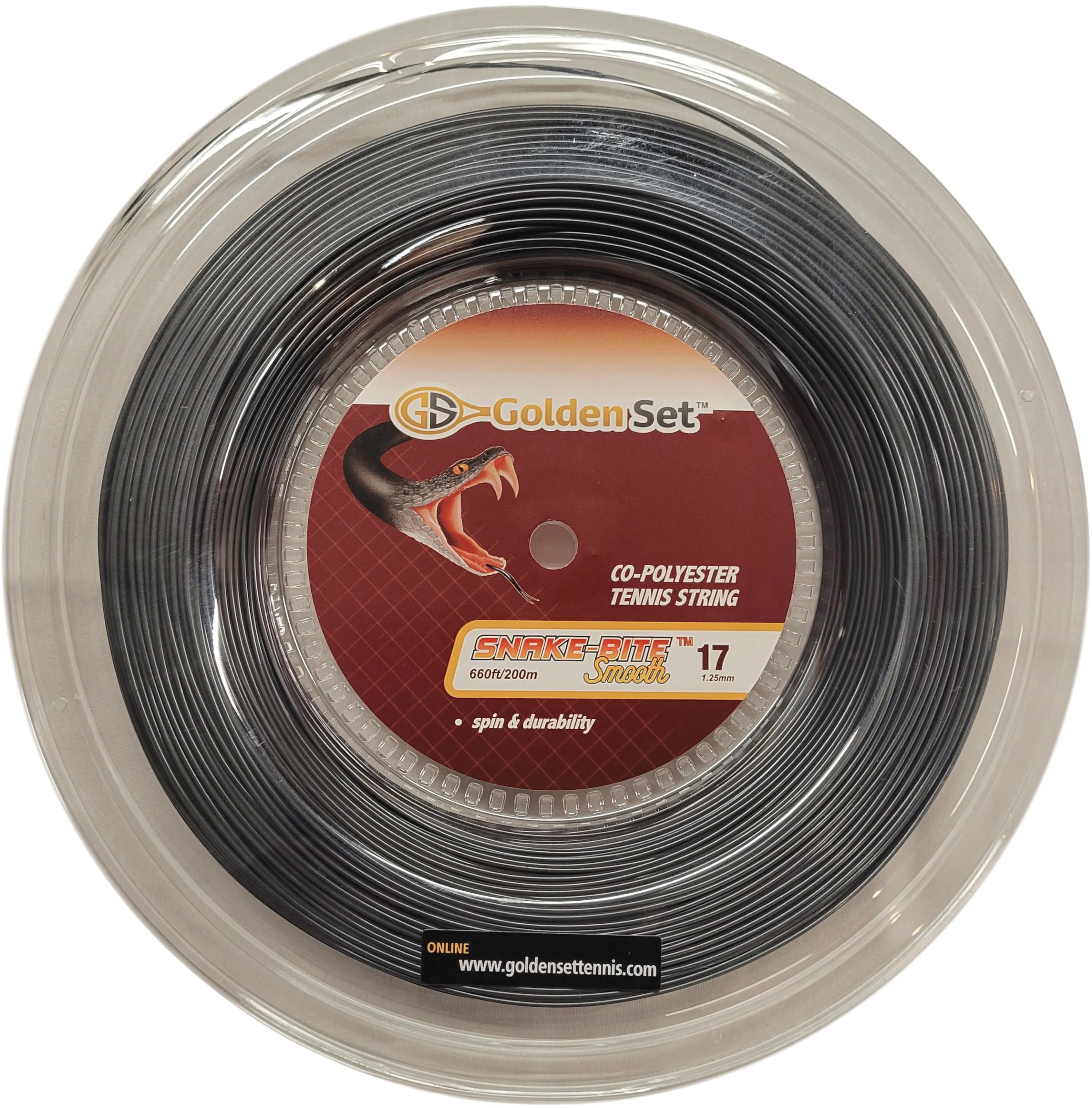 Golden Set Snake-Bite Smooth 17g (1.25mm), Reel (660ft/200m), Polyester Tennis String (Black)