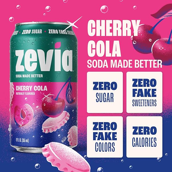 ZEVIA ZERO SUGAR SODA, CHERRY COLA, 12 OZ CANS (24-PACK) – NATURALLY SWEETENED, NON-GMO PROJECT VERIFIED, GLUTEN-FREE, VEGAN