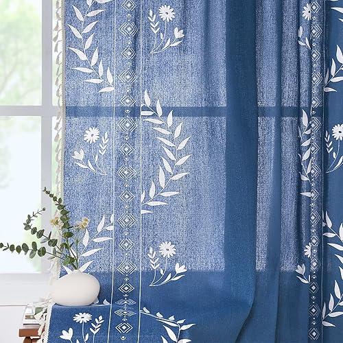 Schweek Boho Farmhouse Curtains 2 Panels for Living Room Rustic Linen Floral Curtains 63 Inches Long for Bedroom Vintage Printed Patterned Window Curtain Drapes Blue