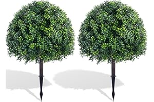 24.8" Outdoor Artificial Topiary Boxwood Tree, Faux Plants Shurbs with Spike, 2 Set Topiary Ball Tree Waterproof UV Resistant