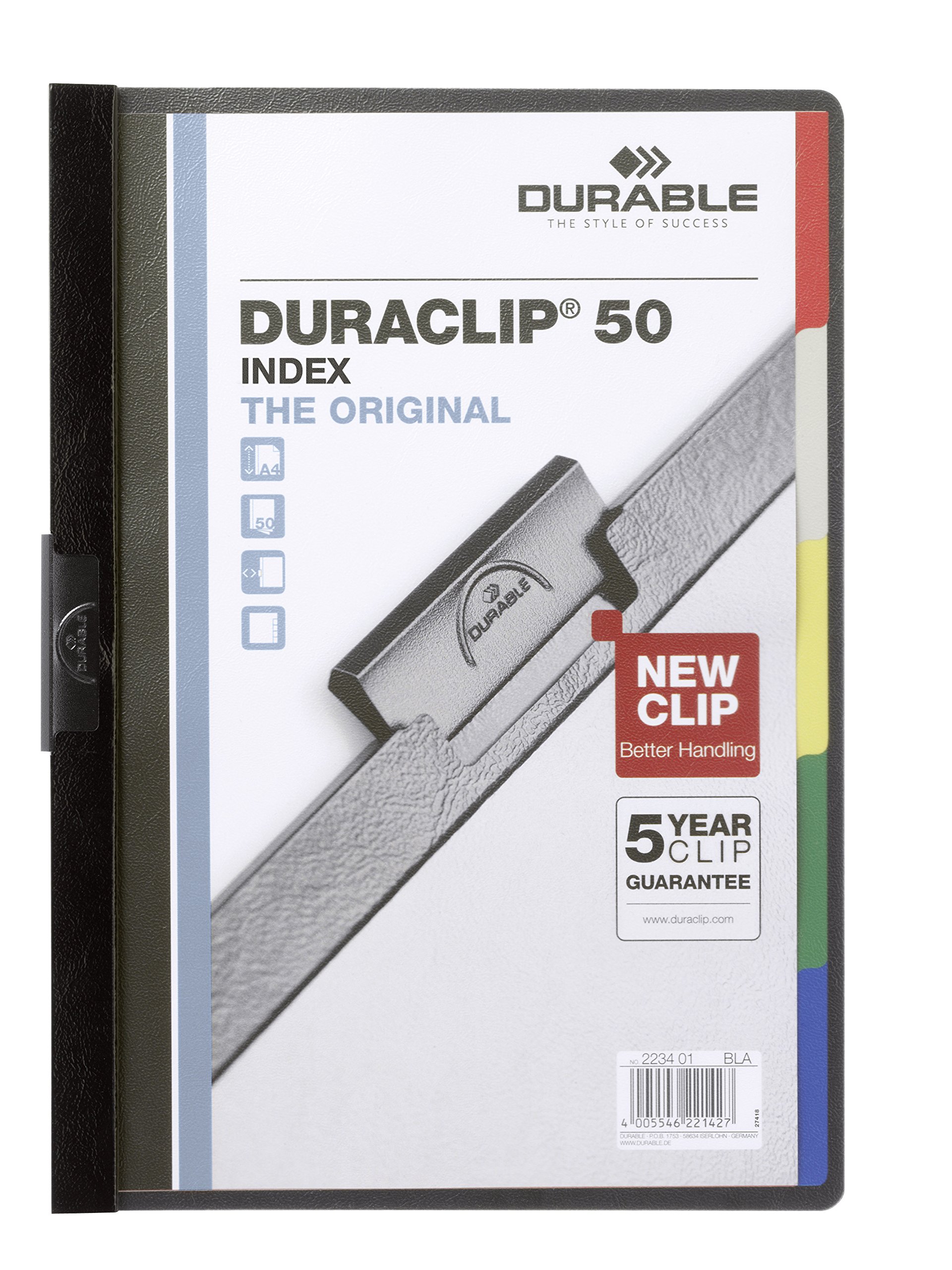 Durable DuraClip 50 Index Folder with 5-Part Divider for 1-50 Sheets A4 - Black Ref 2234/01 (Pack of 25)