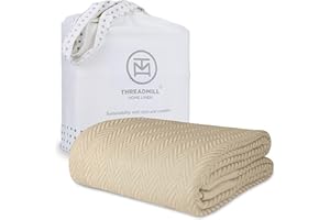 Threadmill Luxury Blankets for King Size Bed | All-Season Cozy 100% Cotton Blanket | Herringbone Soft & Lightweight Fall Thermal Blanket fits California King Size Bed, 104x92 | Beige