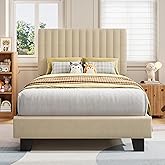 iPormis Twin Size Bed Frame, Upholstered Platform Bed with Vertical Linen Headboard, Wide Bed Legs and Strong Wood Slats Support, No Box Spring Needed, Easy Assembly, Beige