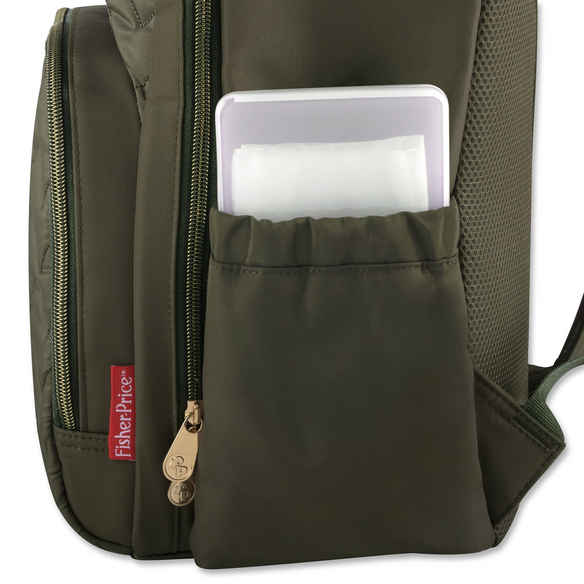Baby Essentials Fisher-Price Signature Morgan Quilted Backpack Diaper Bag with Changing Pad, Stroller Clips, Laptop Compartment (Olive)