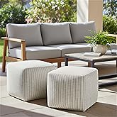 SIMPLIHOME Zelma Square Pouf – 18 inch Wide Upholstered PET Polyester Ottoman in Dune Beige, Boho Indoor/Outdoor Footstool or