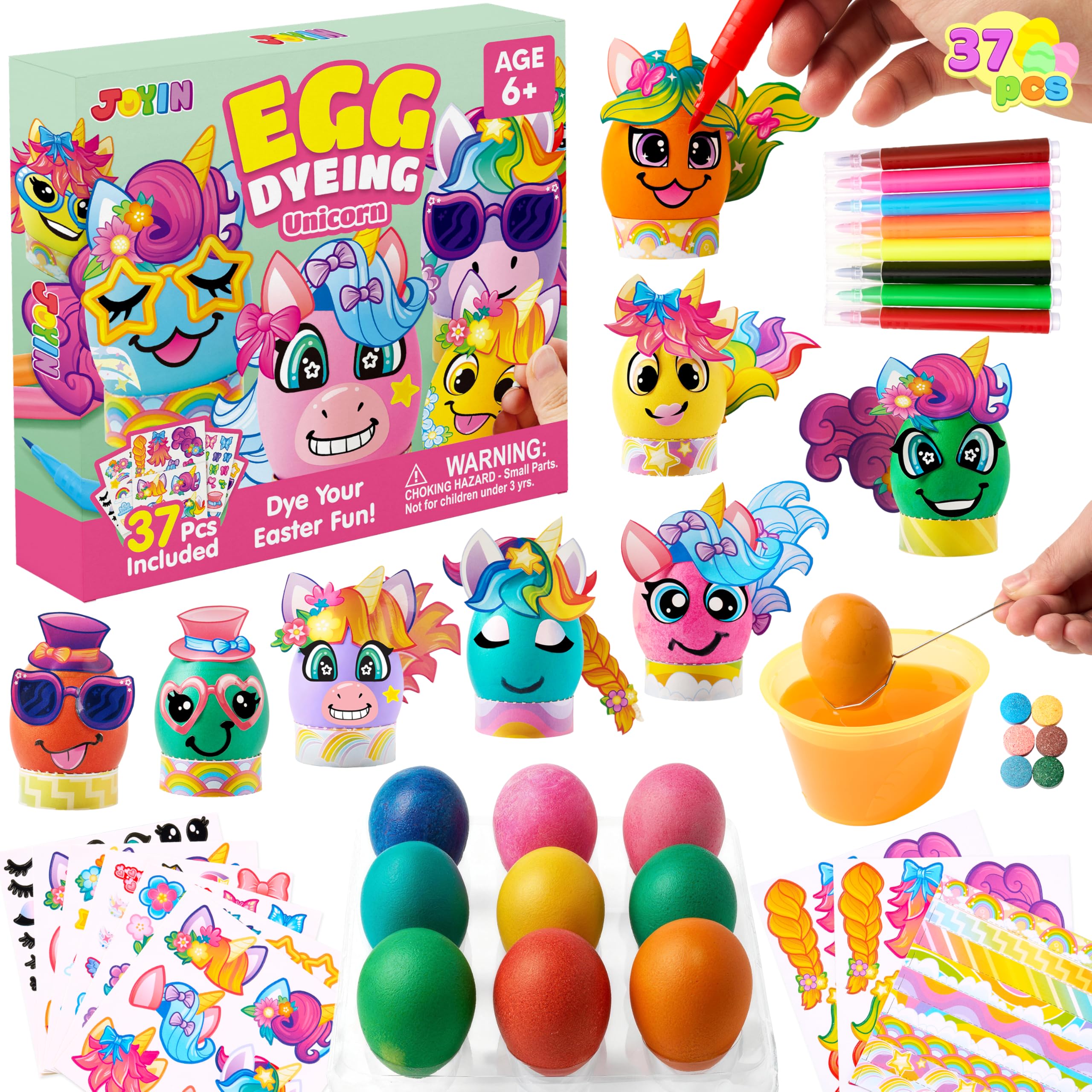 JOYIN 37 PCS Unicorn Easter Egg Dye Decoration Kit with Dye Tablets and Stickers, Coloring Dyeing Set for Kids Theme Party, Easter Egg Hunt Creativity Activity.