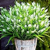 AXYLEX Artificial Flowers for Outdoors Plants - 20 Bundles Fake Lavender Plastic Faux Monkey Grass UV Resistant for Home Decorations (20, White)