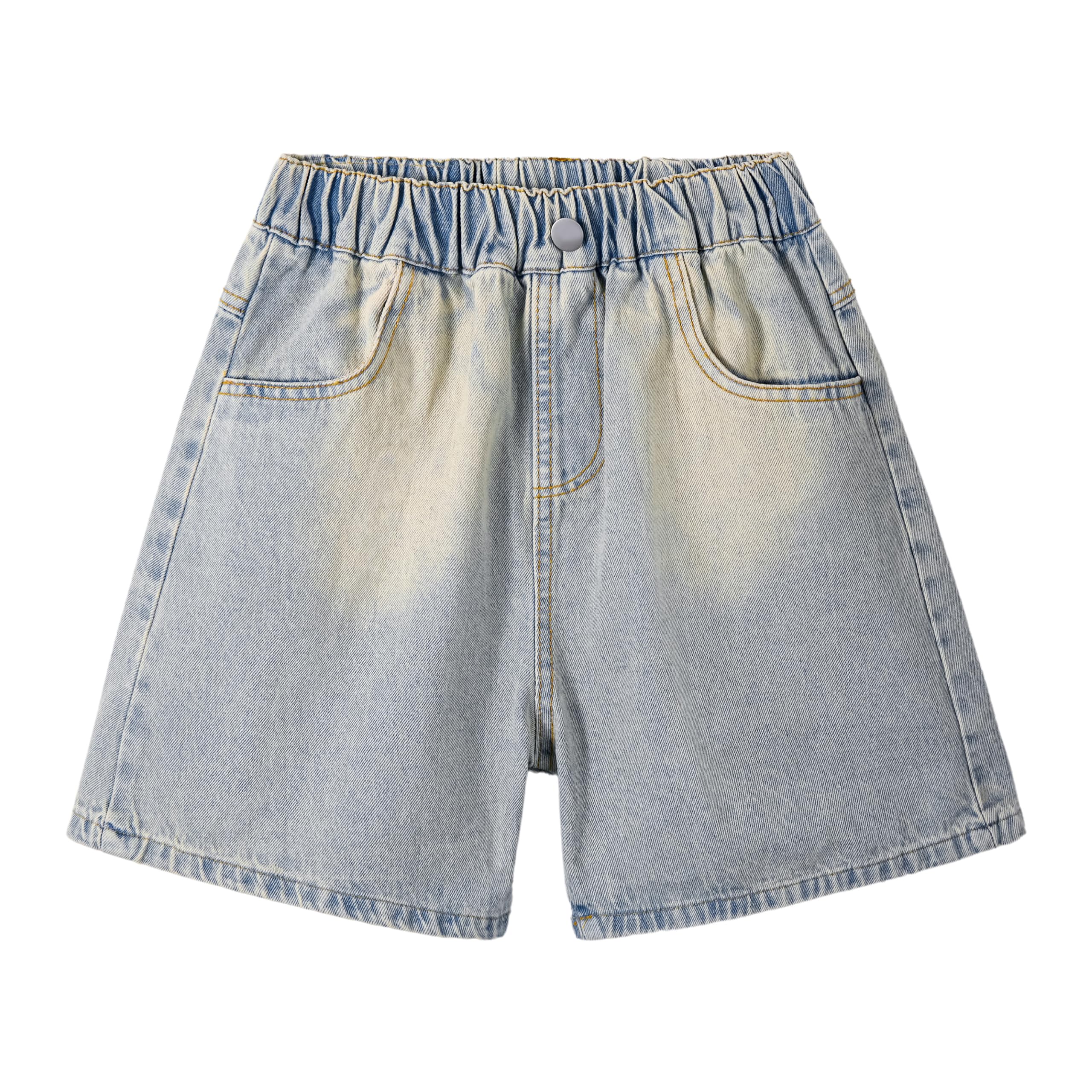 Photo 1 of Rolanko Girls Jean Shorts Wide Leg Straight Denim Shorts Elastic Waist Kids Shorty Summer Short with Pocket (EmbroideryFloral, 12-13Y)