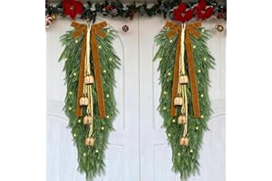 Fovths 2 Pieces 35.5" Christmas Teardrop Swag for Front Door with Brown Bowknot and Lights Artificial Norfork Pine Needles Greenery Swags Wreaths for Christmas Indoor Outdoor Decorations