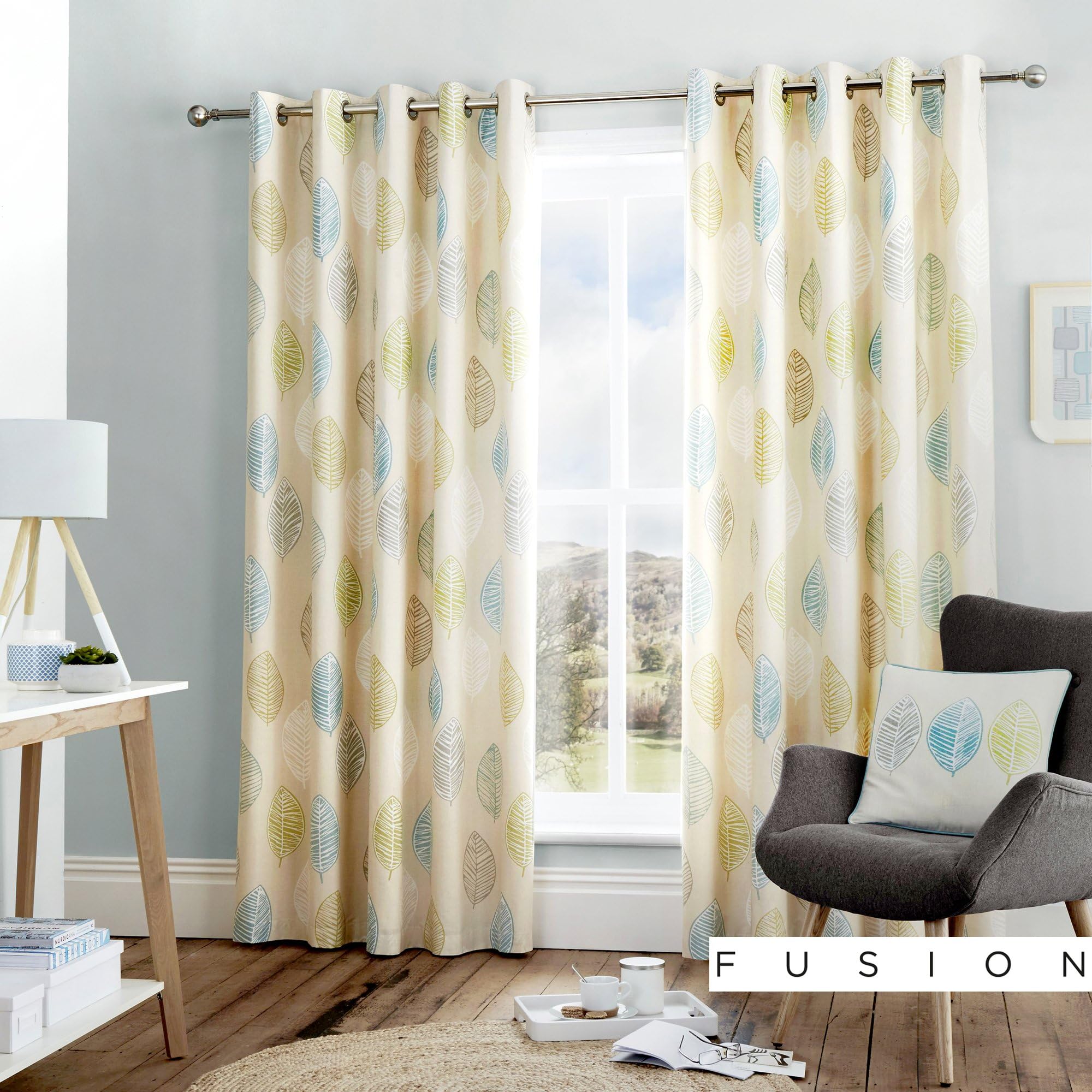 FusionSkandi Leaf - 100% Cotton Ready-Made Pair of Eyelet Curtains - 46" Width x 72" Drop (117 x 183cm) in Teal
