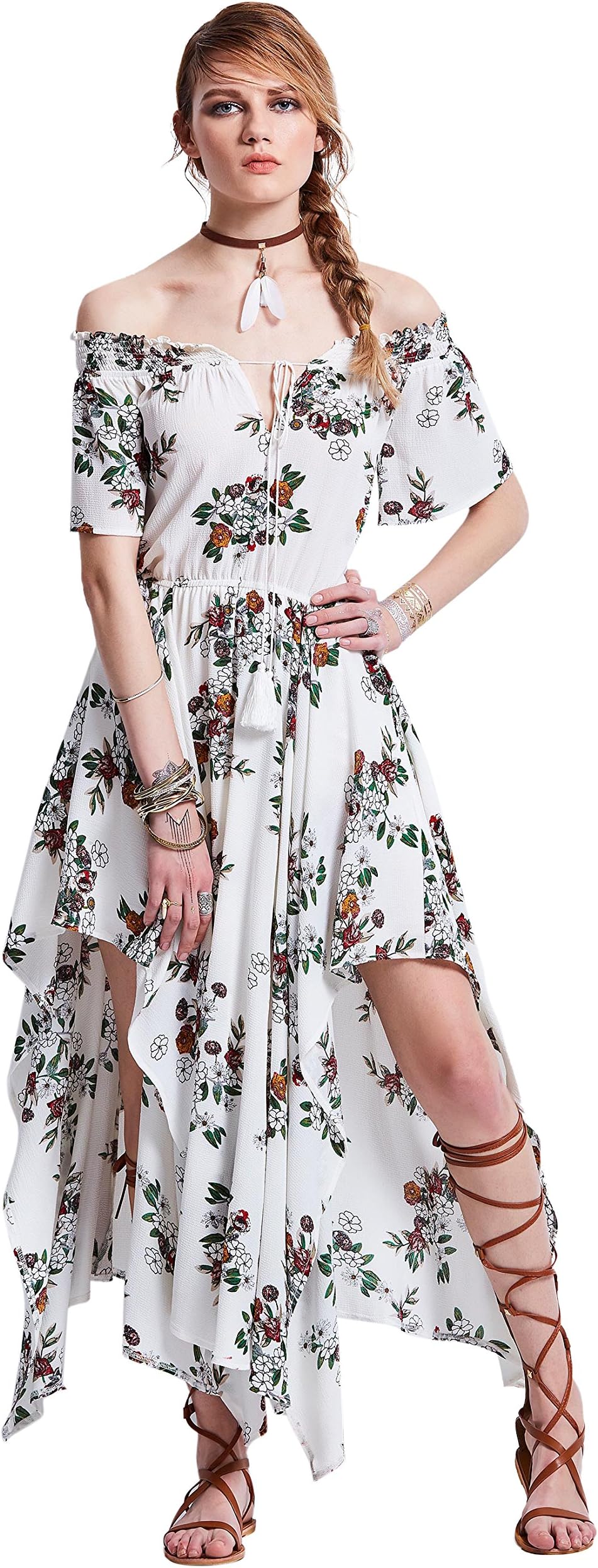 Bohoartist White Chiffon Lace up Slash Neck Off shoulder Half Sleeve Floral Print Women's Maxi Dress (M)