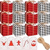 Qeeenar 100 Pieces Christmas Gift Boxes with Lids 4 x 4 x 4 Inches Gift Box Classic Plaid Decorative Boxes Xmas Ornament Gift Boxes with Gift Tags and Rope for Christmas Party Favor Decor (Plaid)