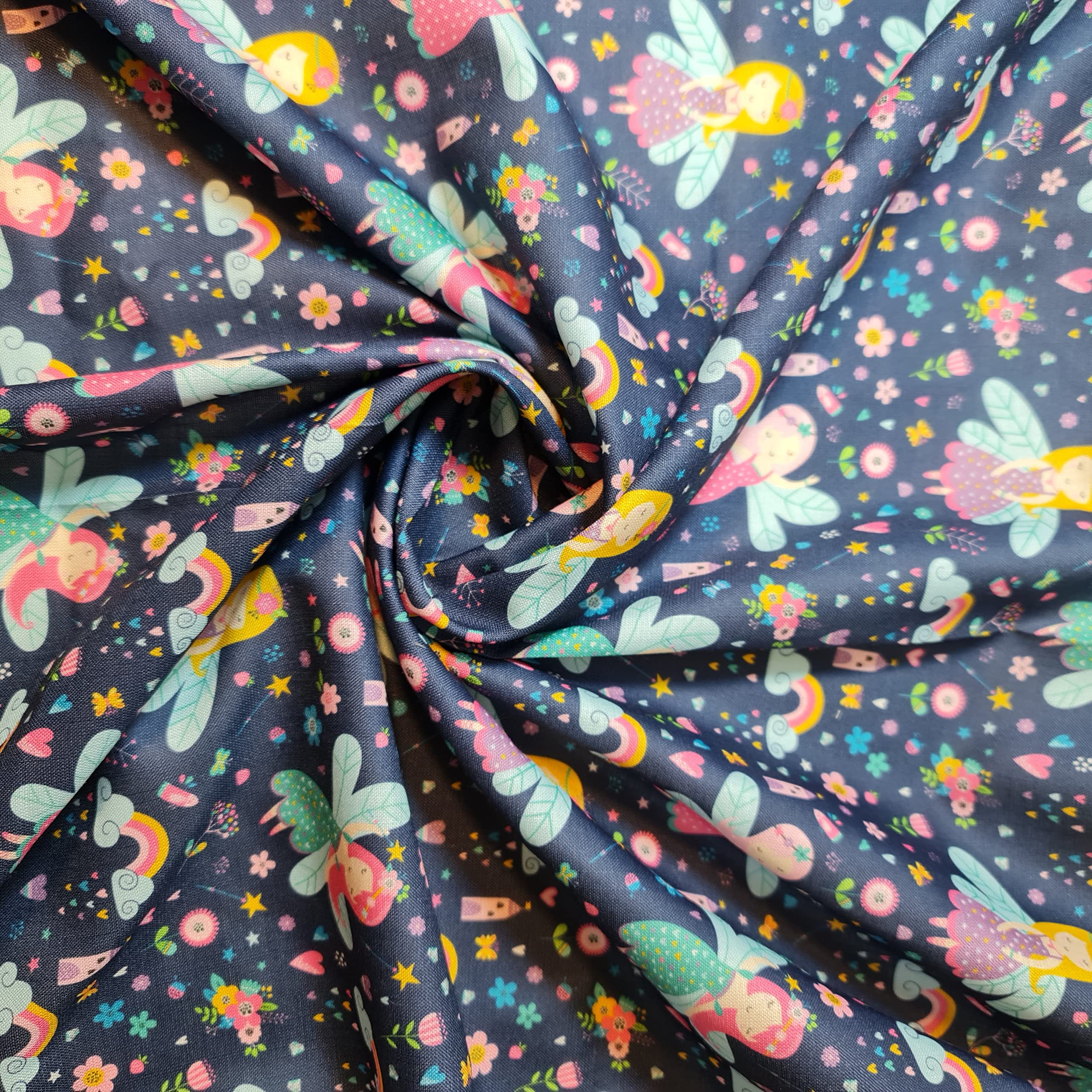 Polycotton Soft Floral Fabric Dress Craft Bunting Quilting Material by Metre 58" - 150 cm Wide Sold As 1 Meter Pre - Cut Lengths (Dancing Fairy Blue)