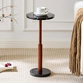 Mid-Century Modern Small Round Natural Marble Pedestal Side Table, Accent End Table, Mini Drink Table with Solid Wood Leg, for Livingroom, Bedroom, Bathroom, Balcony &amp; Small Spaces (Black)