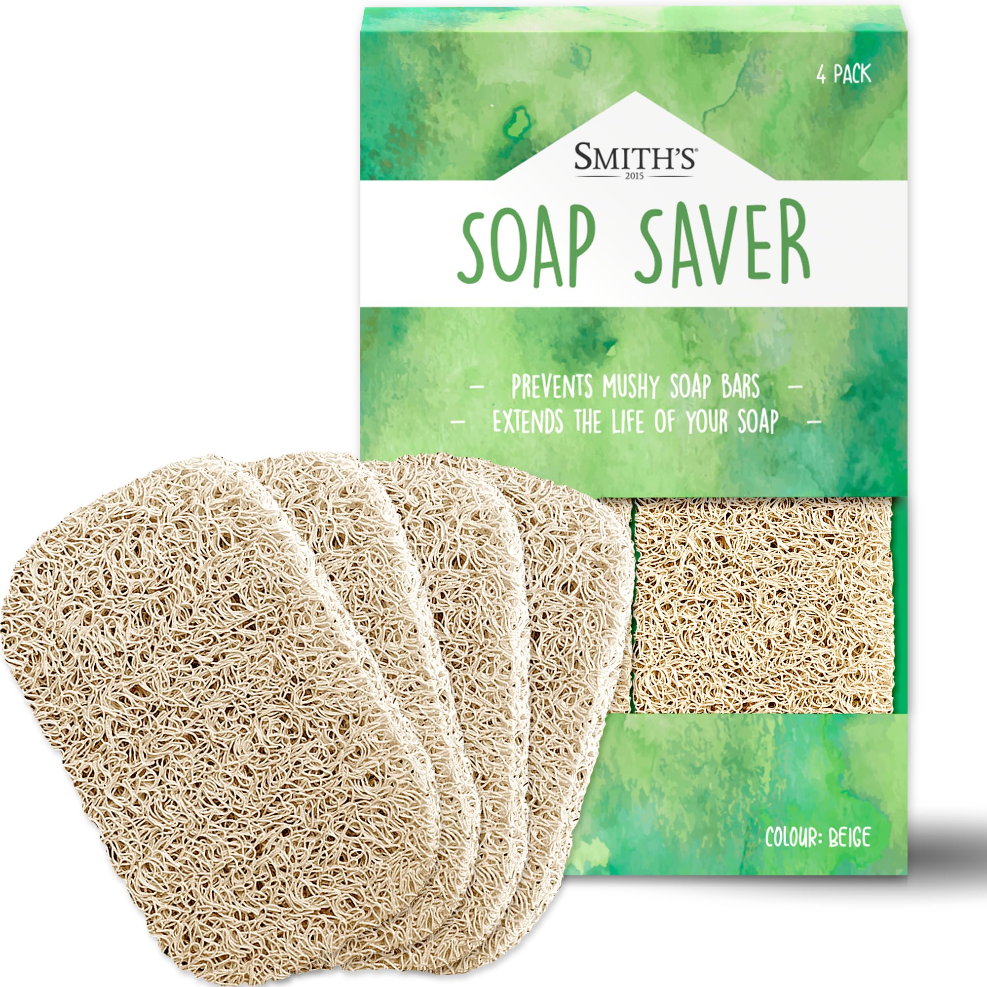 Soap Saver by Smith’s® | Extend Your Soap’s Life | 14 cm (L) x 8 cm (W) x 1.2 cm (H) | Biege / 4 Pack | 50% Thicker | Enhanced Design | Tested And Free of Harsh Chemicals | Trim To Any Size