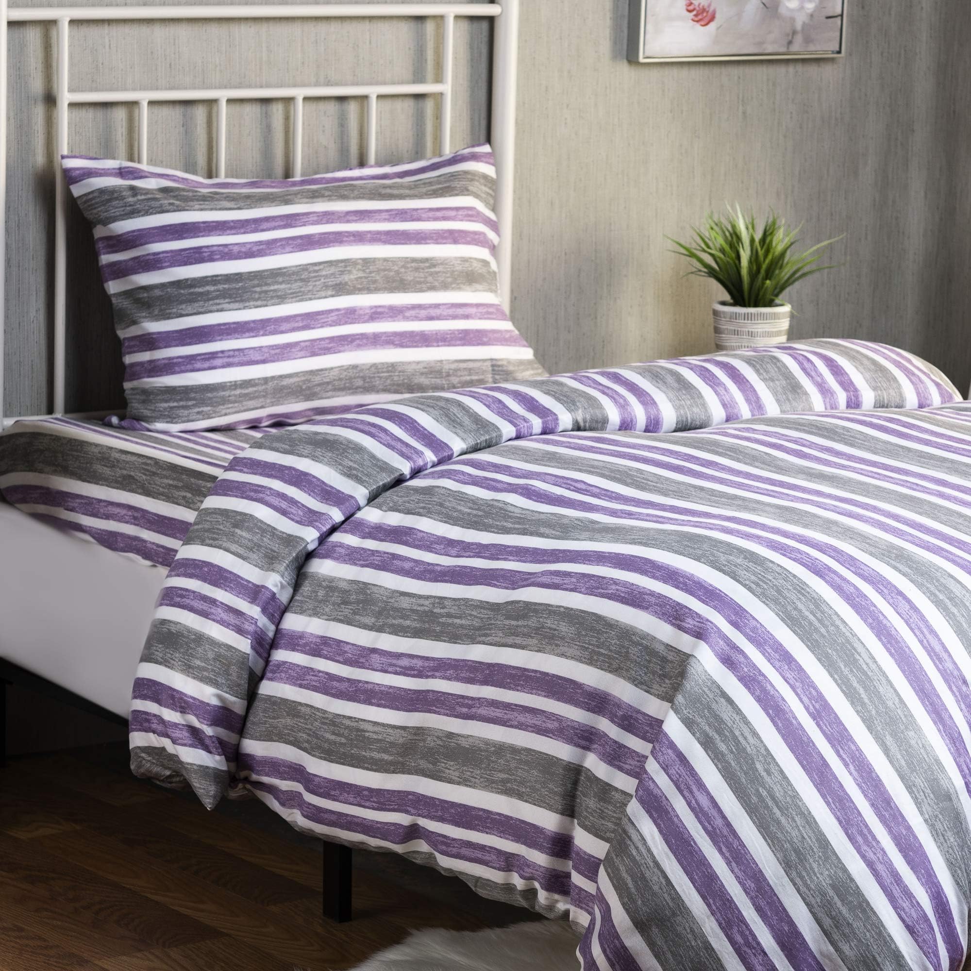 XLNT Twin Size Bedding | Duvet Cover | 3 Piece Set | Comforter Cover | Bed Sheet | Pillow Cover | Soft Cotton Blend | Machine Washable | Designed | Cabana Stripe Lilac