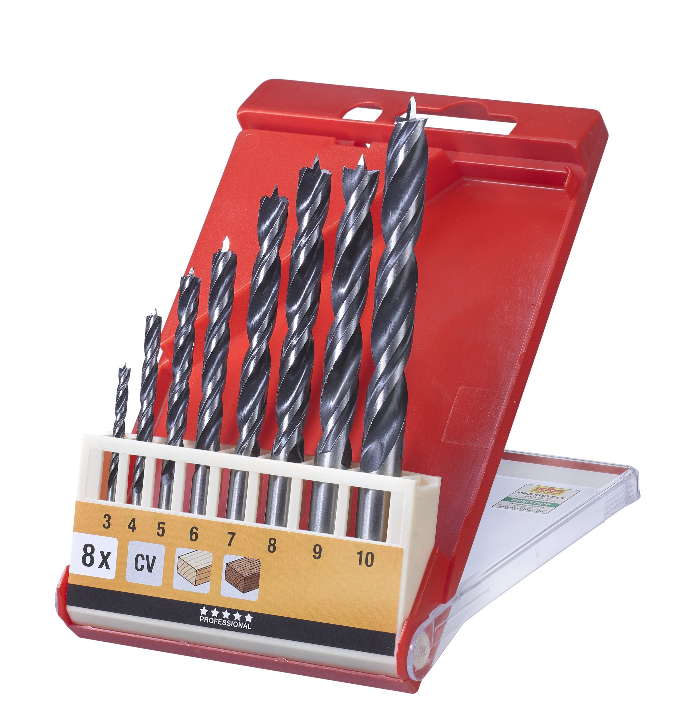 kwb 8-Piece CV Wood Drill Bit Set, Spiral Bits for Hardwood and Softwood, Ø 3 – 10 mm