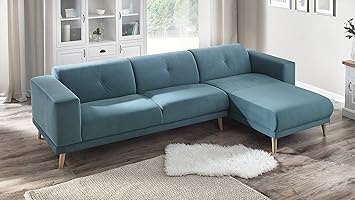 Bobochic Luna Canape D Angle Droit Fixe 3 Places Avec Pouf Bleu