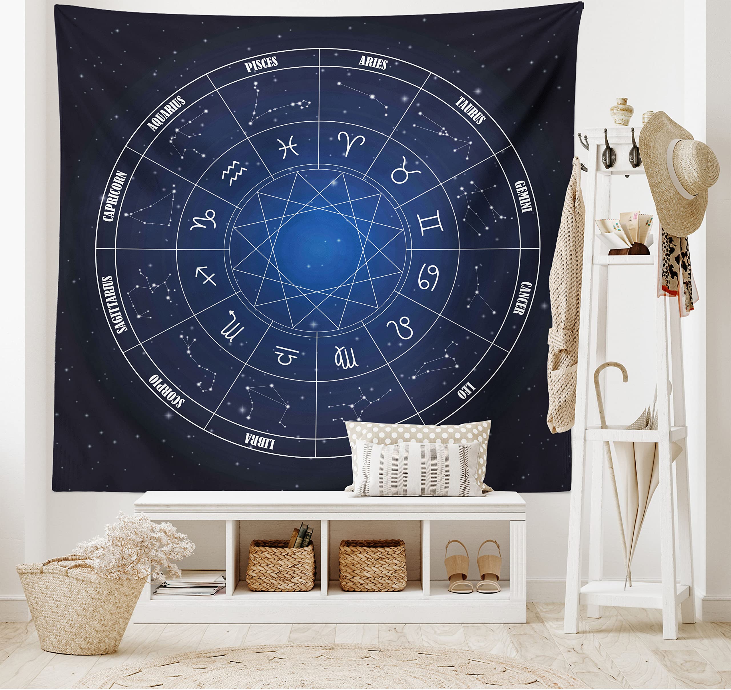 ABAKUHAUS Astrology Tapestry, Zodiac Horoscope Chart in Wheel Shape Dates in Space Dots Image, Fabric Wall Hanging Decor for Bedroom Living Room Dorm, 90 W X 54 L, Dark Blue and White