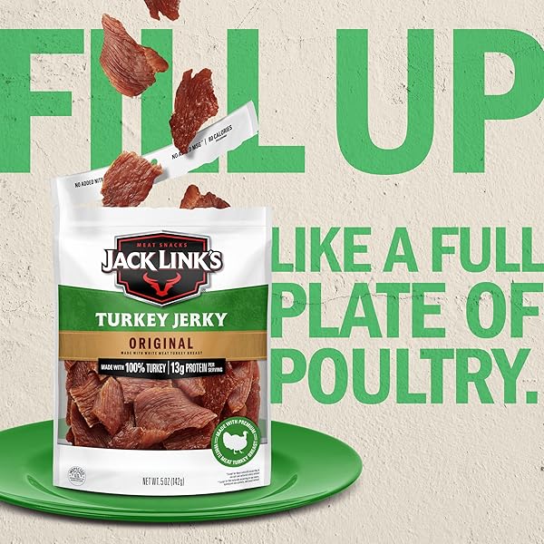 JACK LINK’S TURKEY JERKY, ORIGINAL, JERKY BAG – FLAVORFUL SNACK, READY TO EAT PROTEIN SNACKS WITH 13G OF PROTEIN PER SERVING, MADE WITH 100% TURKEY, KETO FRIENDLY – 5 OZ.
