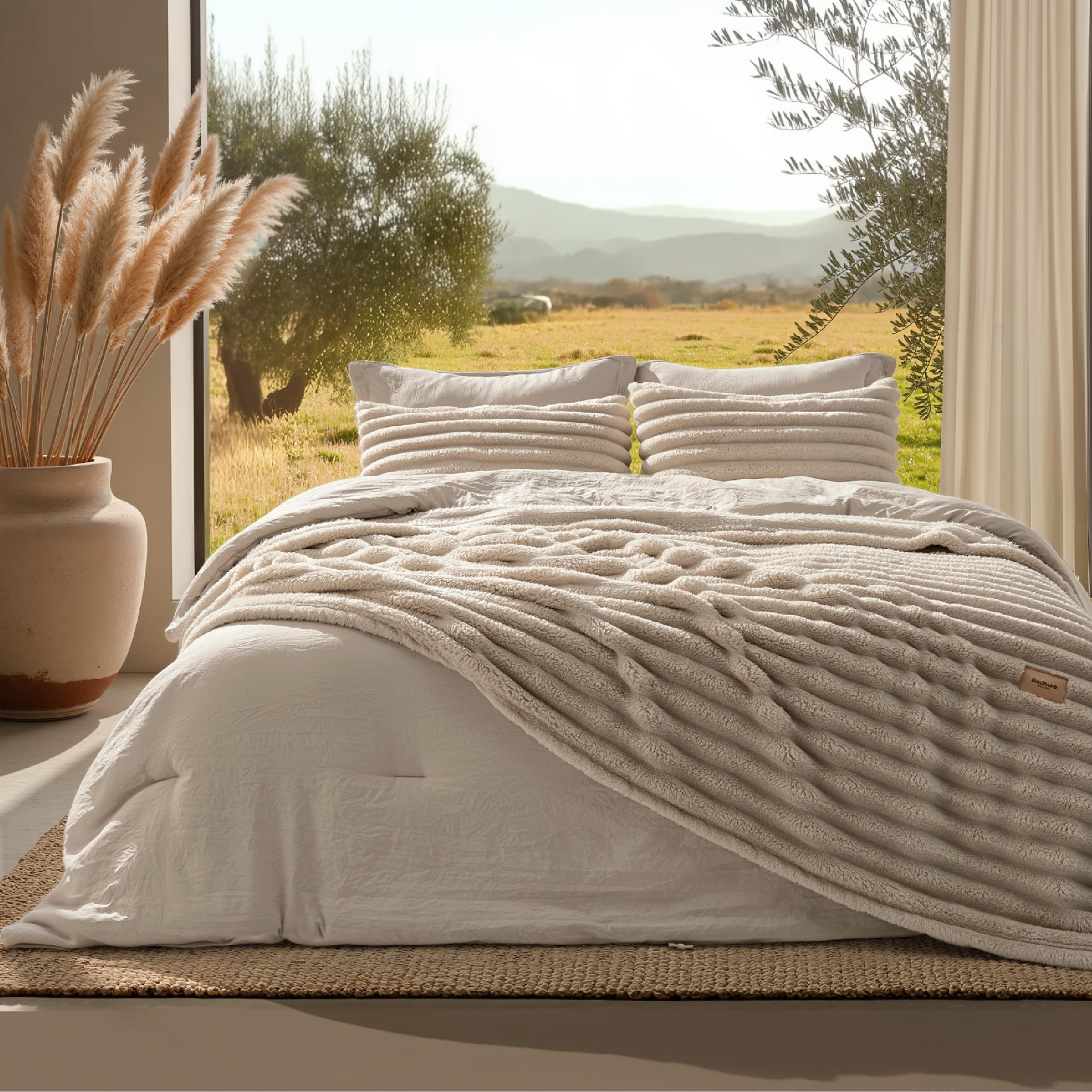 Photo 1 of Bedsure Gentlesoft 2-in-1 Queen Comforter Set and Detachable Fluffy Blanket, Beige Bedding Set for All Season Use, SnapTech Design for Space Saving (Includes 2 Pillow Shams, 2 Pillowcases)