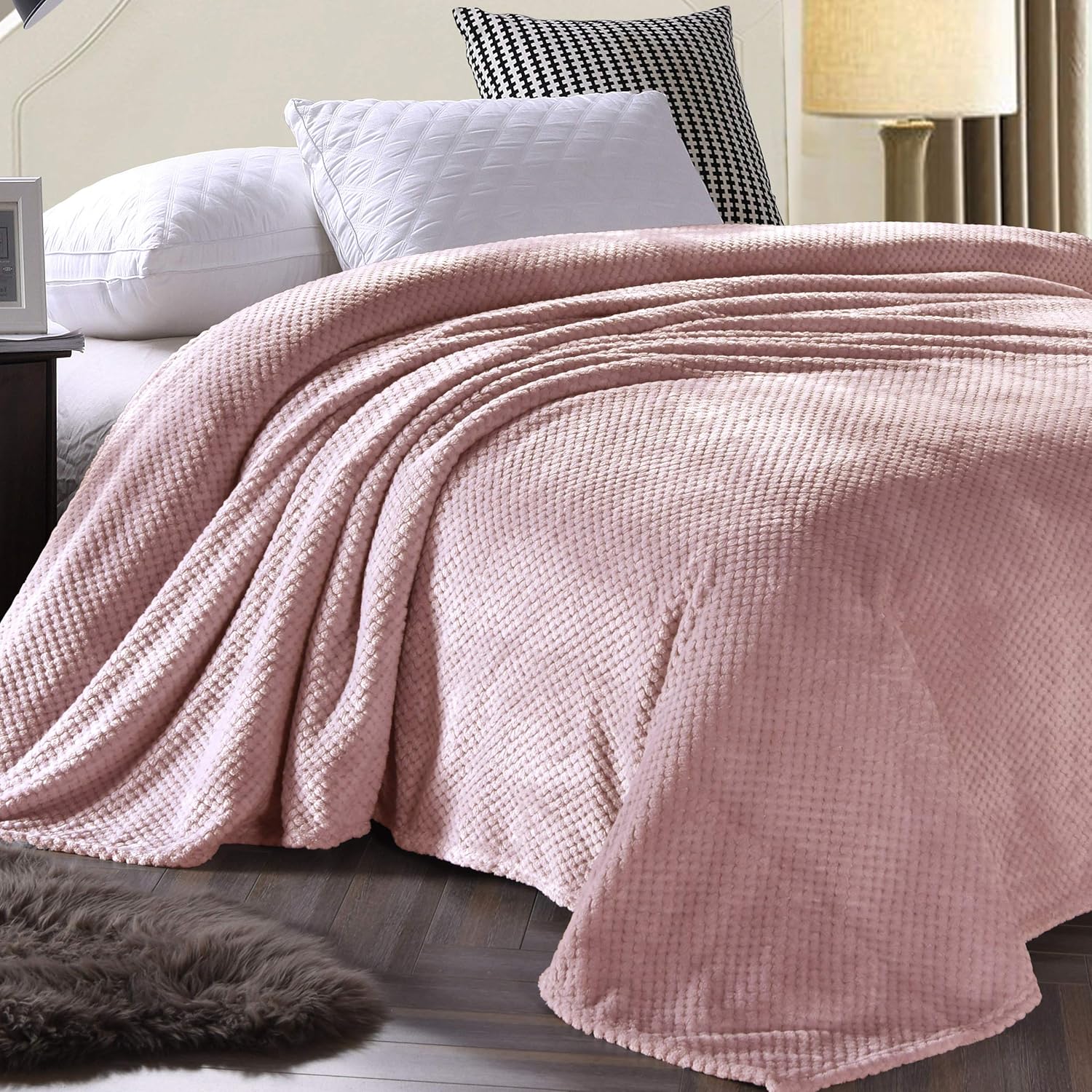 Exclusivo Mezcla Queen Size Waffle Flannel Fleece Bed Blanket as Bedspread/Coverlet/Bed Cover/Bed Sheets (90" x 90", Pink) - Soft, Lightweight, Warm and Cozy: Home & Kitchen