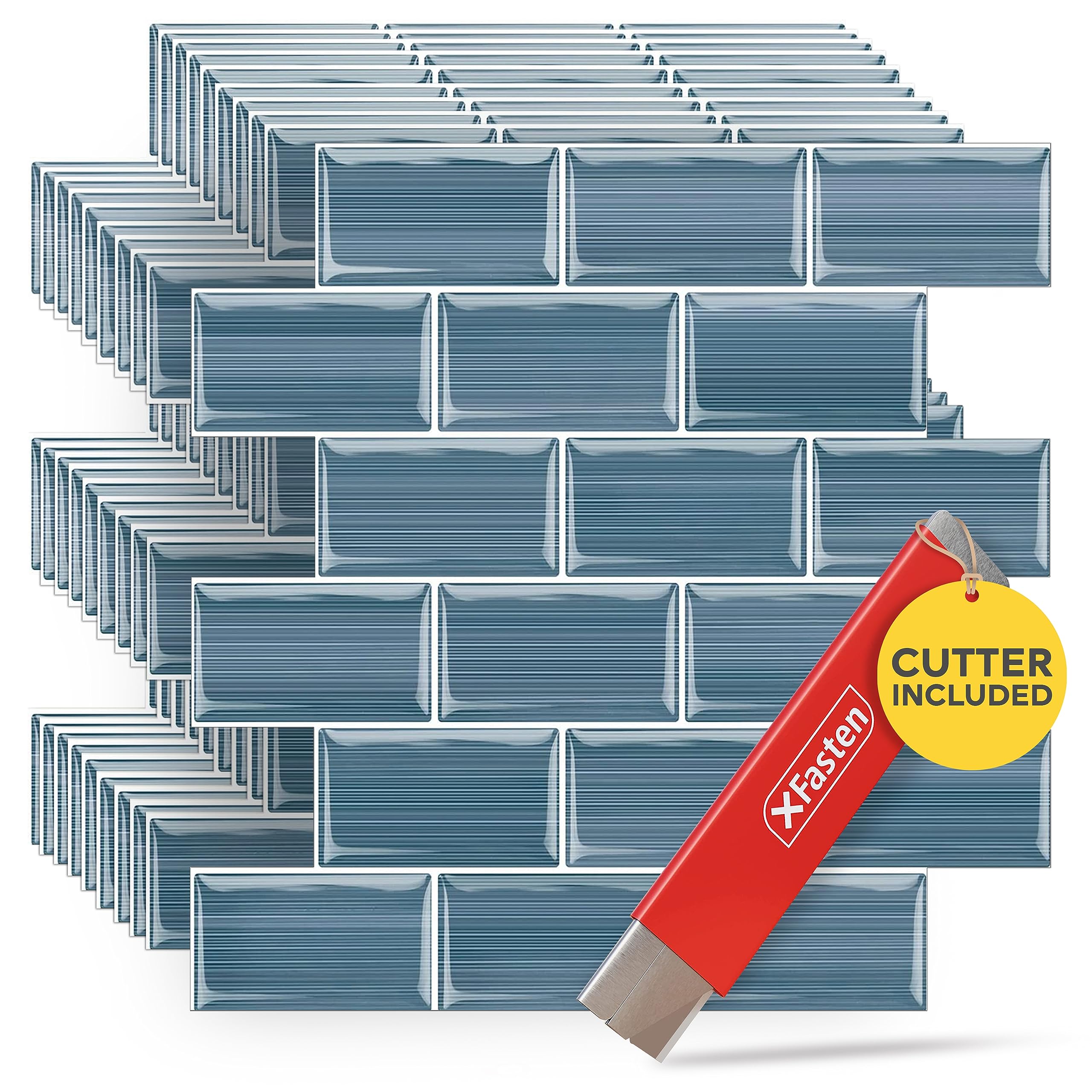 Photo 1 of XFasten Backsplash Tile for Kitchen Peel and Stick Tile 10pcs 12” x 12” with Mini Cutter Blue Subway Tile for Backsplash, Waterproof Bathroom Kitchen Wall Tiles
