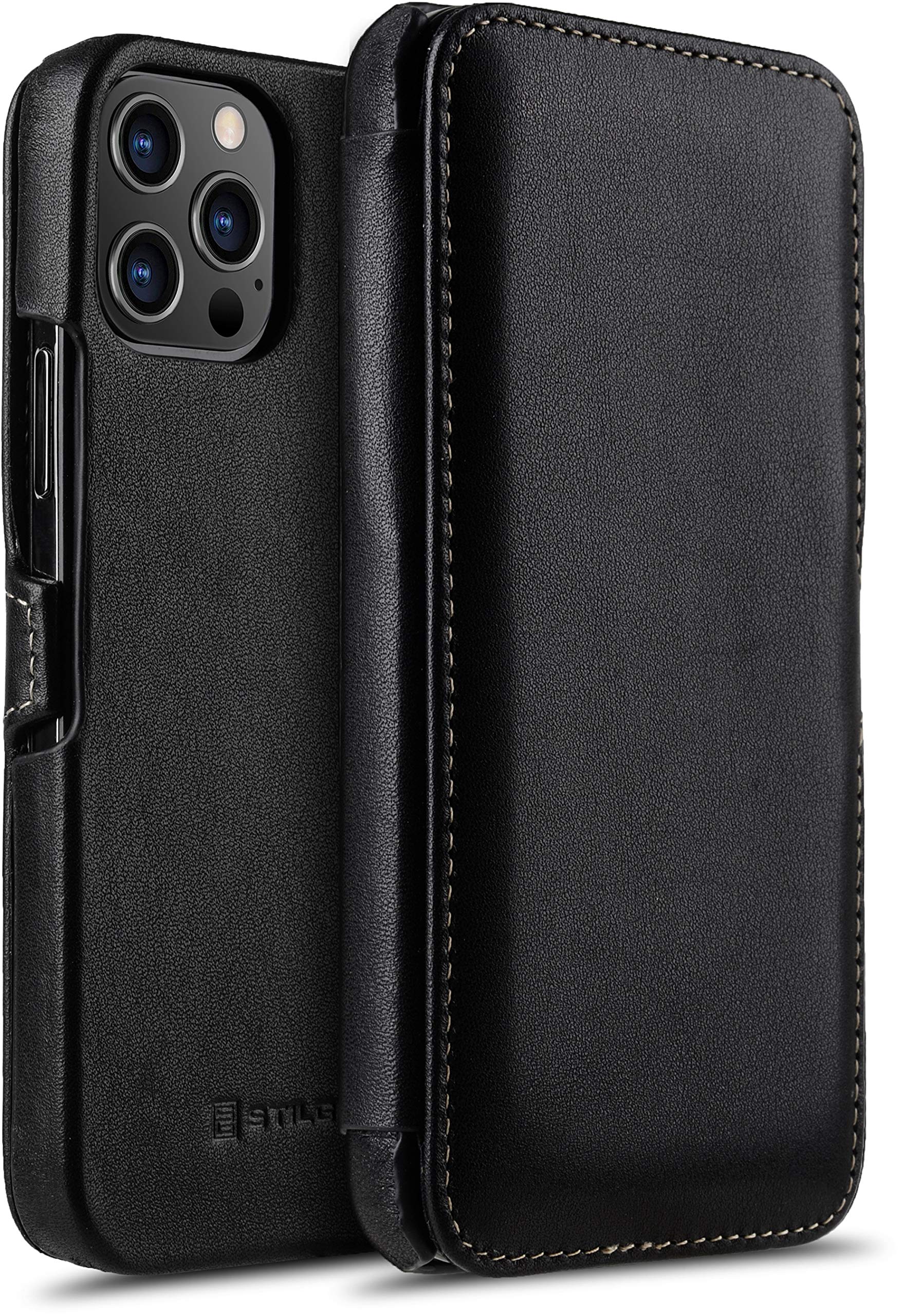 StilGut Book Type Flip Case for iPhone 12 Pro Max (6.7"), Genuine Leather iPhone 12 pro Max case with Closure, Black Nappa — image 1