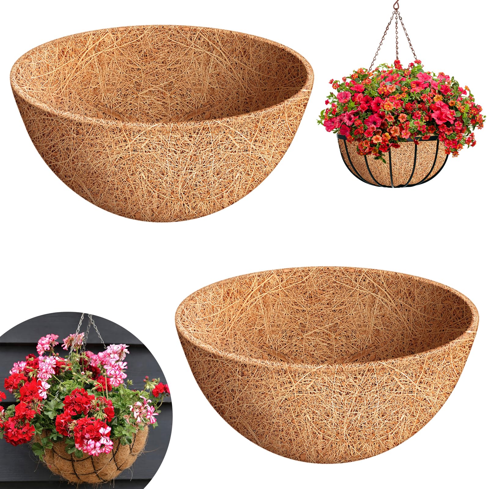 Riare 2Pcs Hanging Basket Liner, 14inch Round Natural Coconut Coir Liners Planter Liner Coco Fiber Replacement Liner for Hanging Baskets, Garden Flower Vegetables Planter Pot, Window Box (2, 14inch)