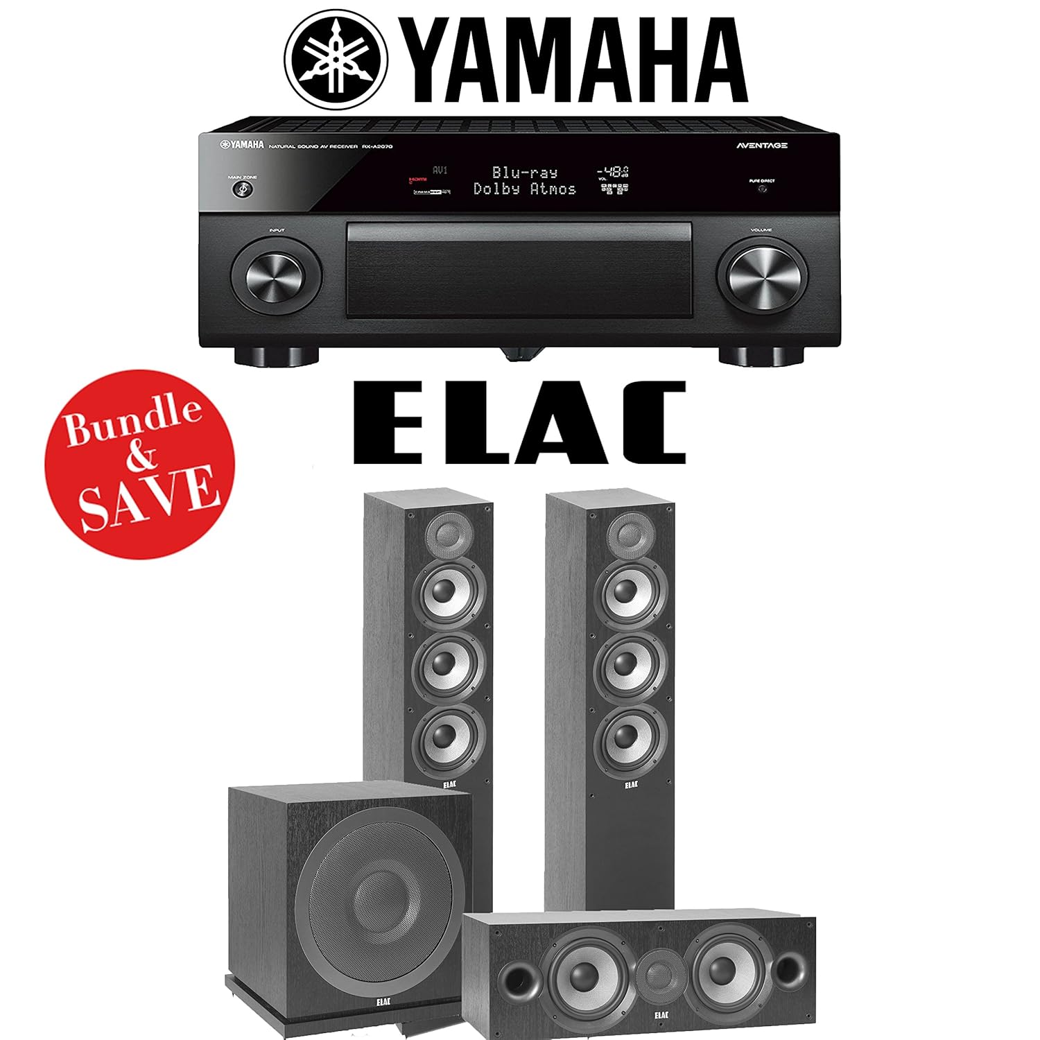 Yamaha AVENTAGE RX-A2070BL 9.2-Channel 4K Network A/V Receiver + Elac Debut 2.0 F5.2 + Elac Debut 2.0 C6.2 + Elac Sub3010 - 3.1-Ch Home Theater Package