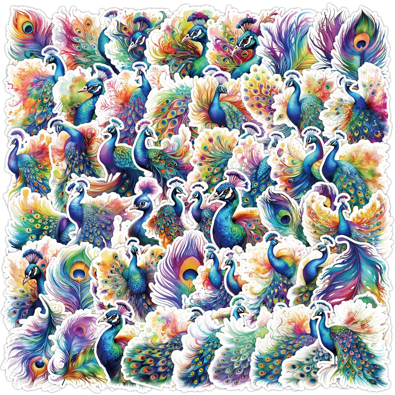 50Pcs Peacock Stickers Laptop Car Scrapbook Phone Skateboard Suitcase Luggage Bike Peacock Stickers Vinyl Waterproof Aesthetic Personalised Stickers for Teens Boys Girls Adults Children