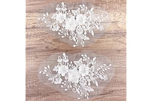 BETITETO 2Pcs Pearl Flower Embroidery Lace Patches 3D White Floral Embroidered Sew on Appliques for Wedding Dress Gown Headpiece Clothing Accessories Home Decoration Craft DIY