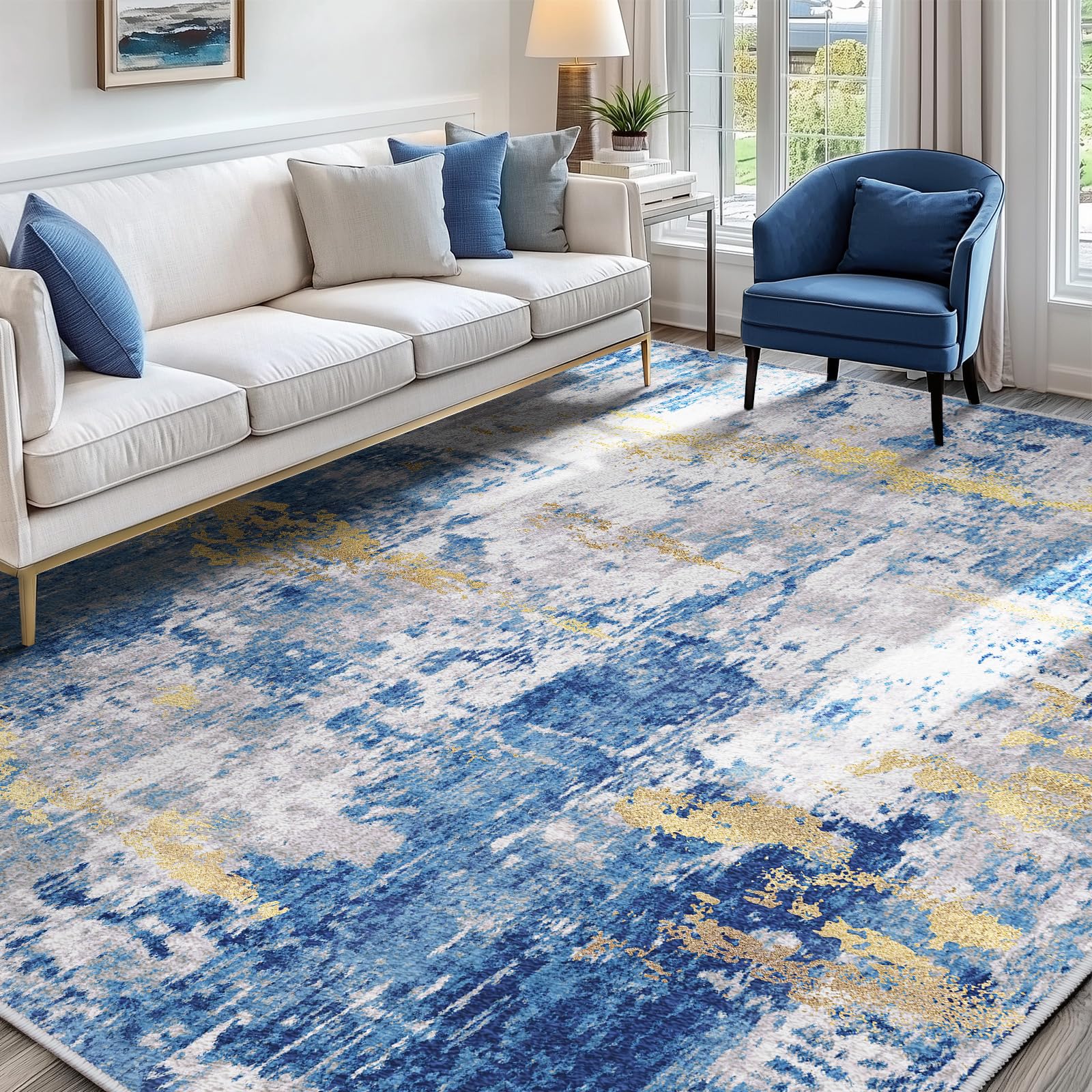Photo 1 of RELEANY Washable Area Rugs 5'x7' Non-Slip Modern Abstract Soft for Living Room Entryway Bedroom Nursery, Print Pattern, Grey Blue Gold/Golden