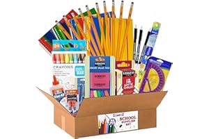 ZOMPOZ 66 Piece School Supplies Set for Kids Back to School, Girls, Boys, Includes Crayons, Pencils, Notebooks, Protractor, Glue, Chalk, Erasers, Scissors, Pens, Glue Stick, Ruler, in Zompo-Z Box