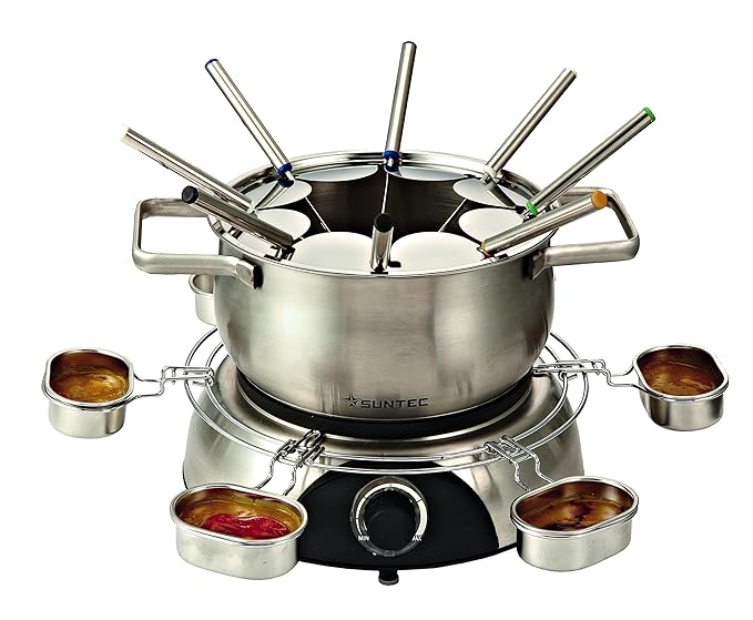 SUNTEC Fondue Fon-8014 V2A [1,3 l Edelstahl-Topf, 8 Spieße, 6 Saucenschalen, Fettspritzschutz, 2 m Kabel, max. 1400 Watt]