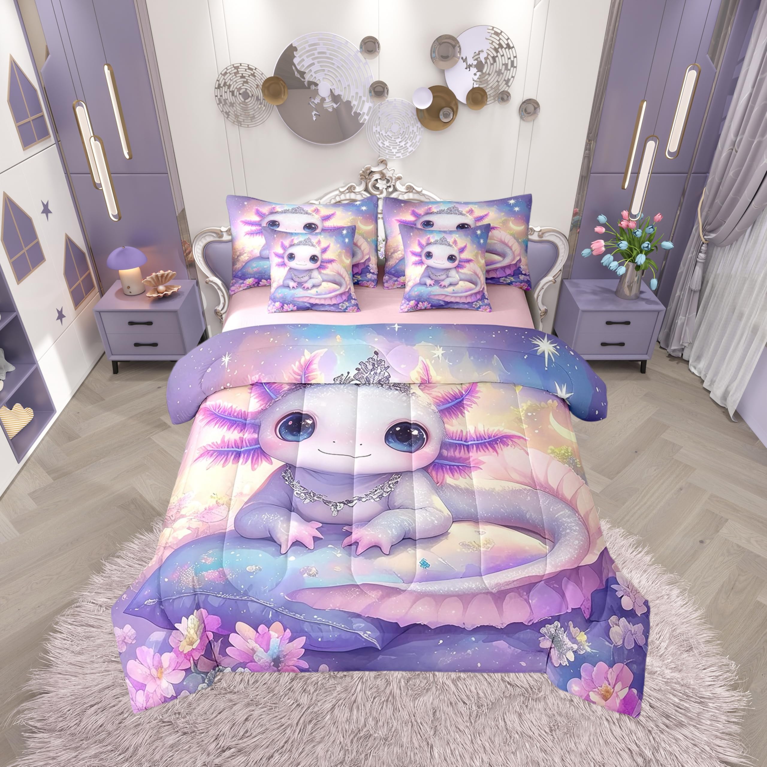 Erosebridal Cute Axolotl Comforter Set with Sheets Twin Size,Blooming Blossom Flower Purple Galaxy Printed Bedding for Kids Girls Room Decor,Cartoon Axolotl Ocean Animal Bed Set 7Pcs