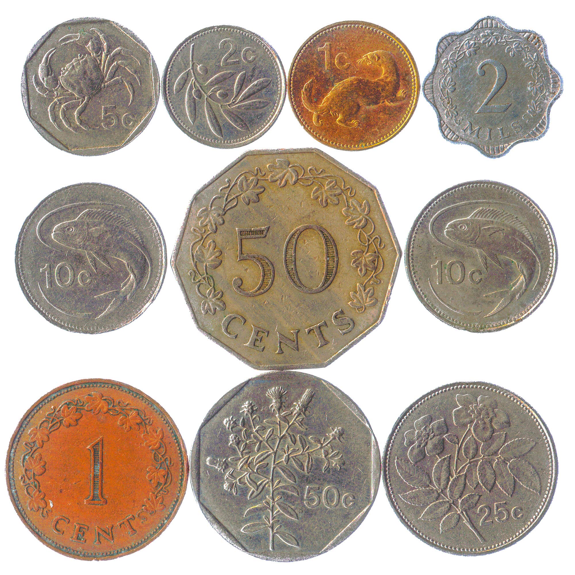 10 Maltese Coins 2 Mils - 50 Cents Malta Coins Collection from 1972 | Perfect Choice for Your Coin Bank Coin Holders and Coin Album