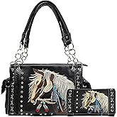 Zelris Dakota Dales Pony Horse Embroidery Mane Western Country Women Conceal Carry CCW Shoulder Handbag Purse with Wallet Set
