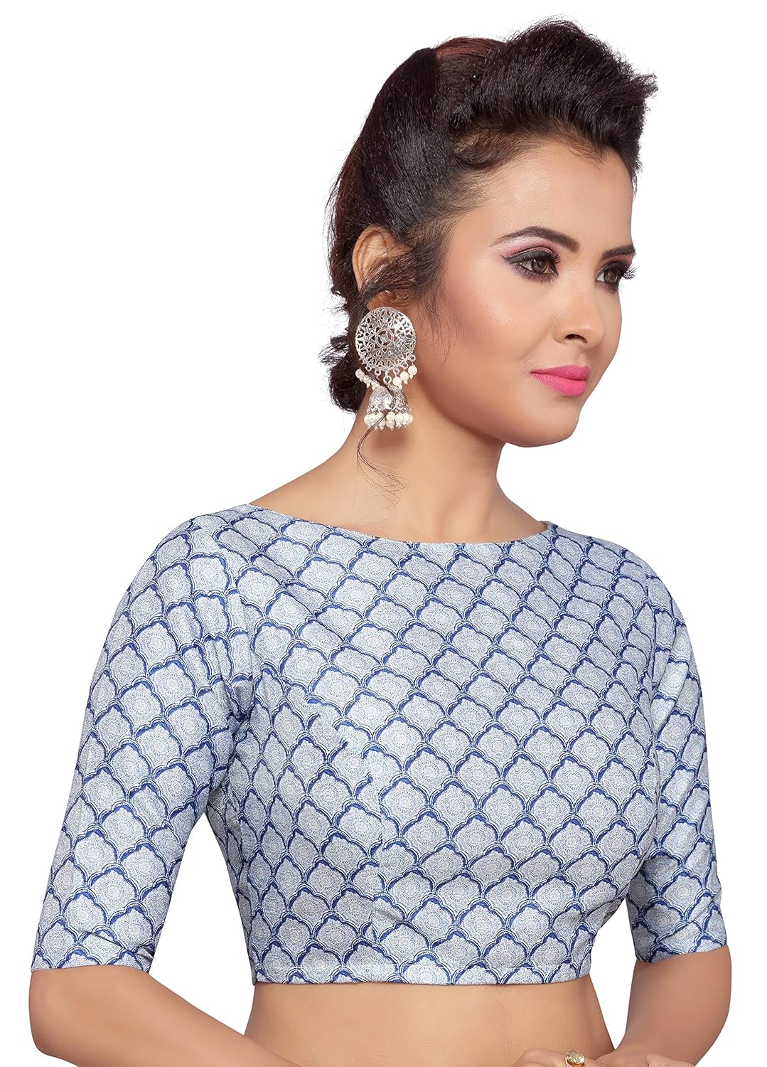 studio shringaar women's blue pottery poly raw silk printed saree blouse