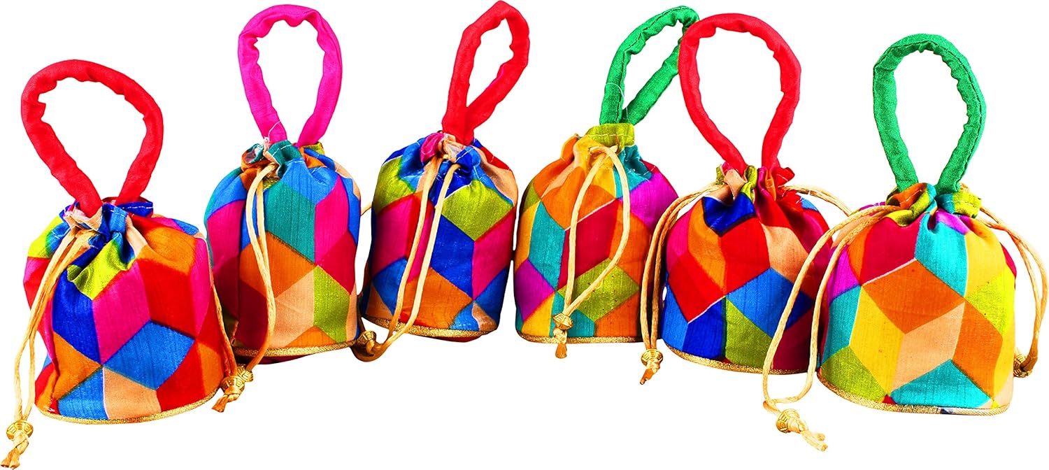 bombay haat women's small size set of 6 silk potli bags /pouches /gift bags / traditional party favor bags / shagun potlies -multicolour - combo001