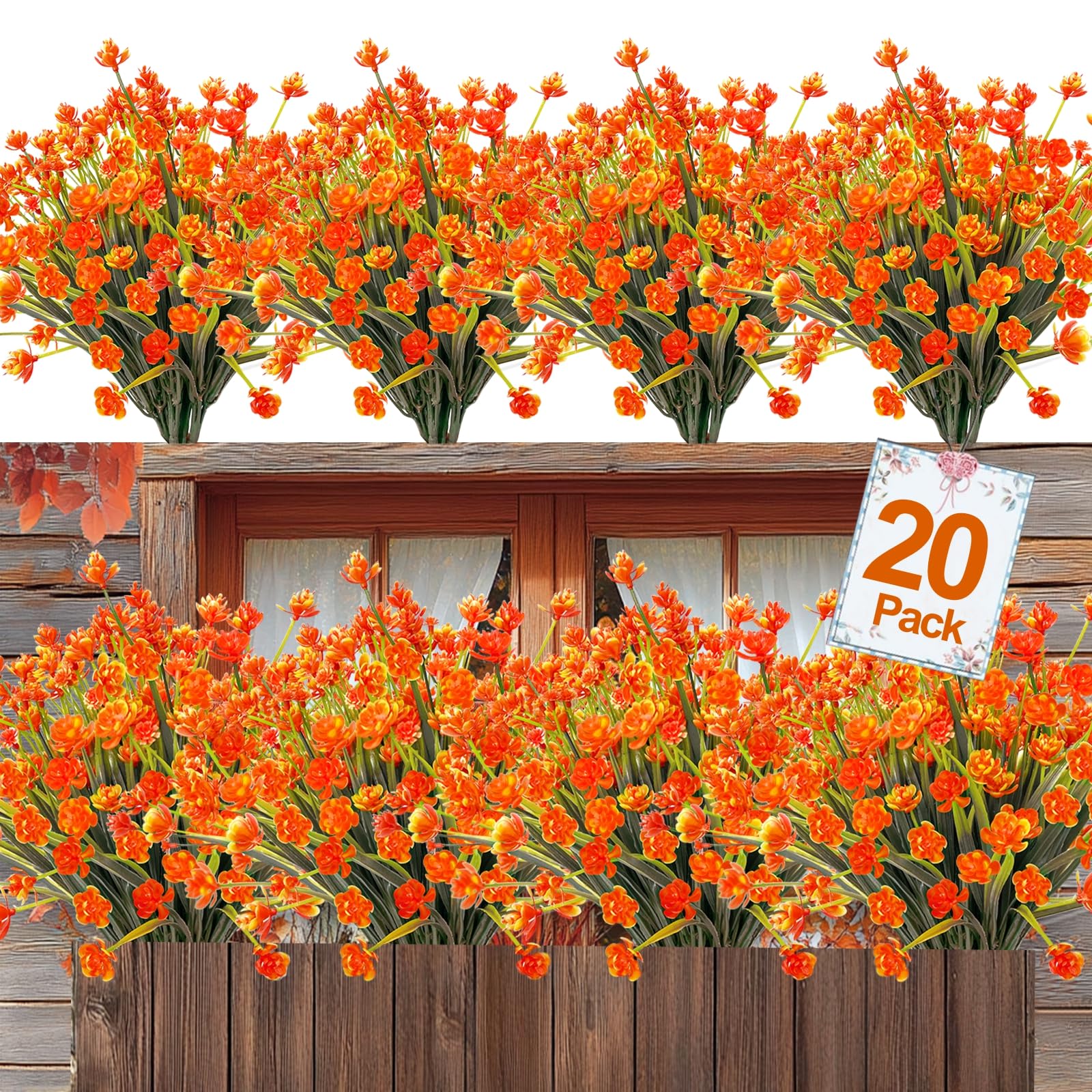 Photo 1 of 20 Bundles Artificial Fall Flowers for Outdoors Fall Thanksgiving Decorations-UV Resistant Fake Mums Faux Plants Plastic Flowers Greenery Home Porch Gardens Fireplace Patio Autumn Decor(Orange Red)