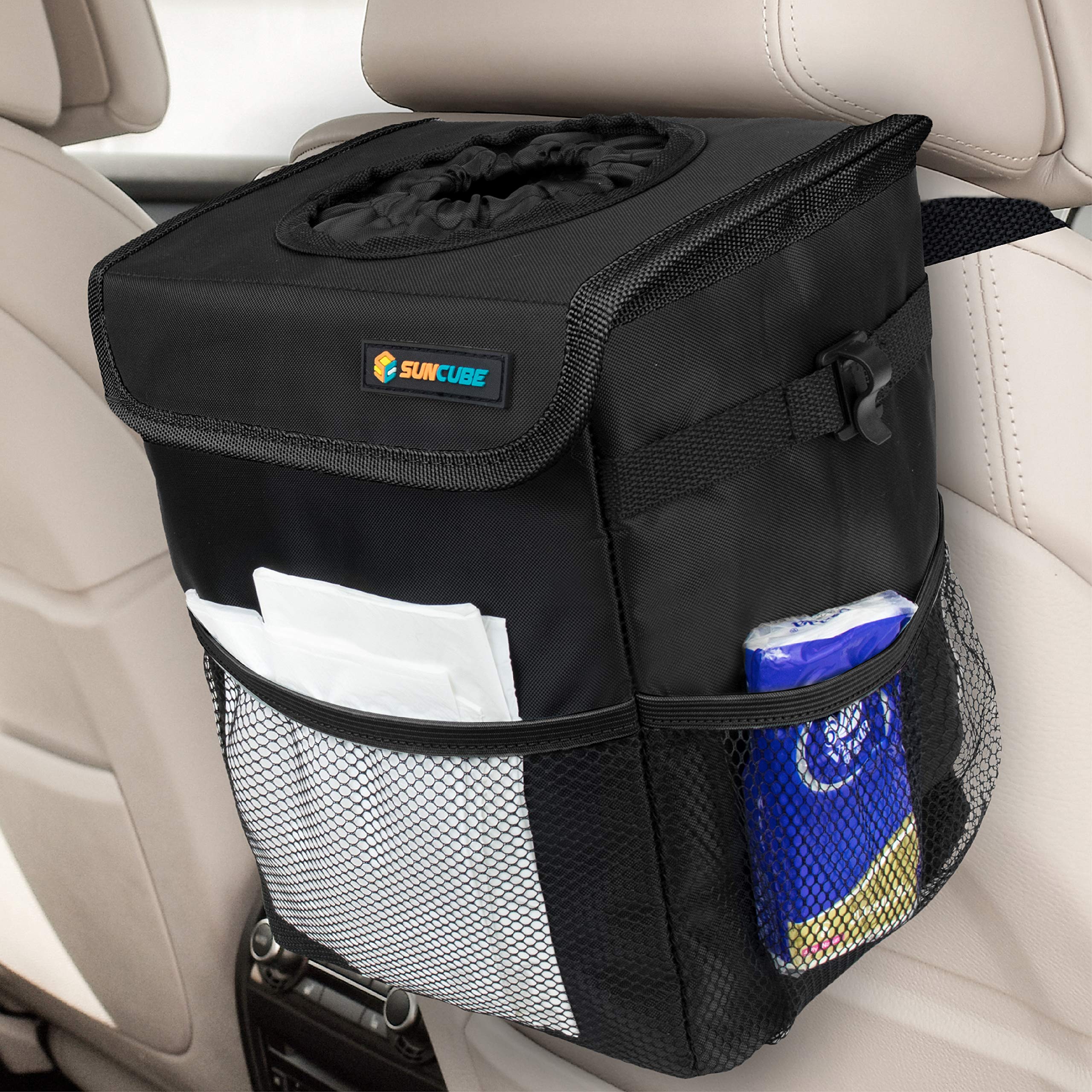 Photo 1 of SUN CUBE Waterproof Car Trash Can with Lid, Mesh Pockets | Leakproof Car Garbage Can Hanging | Auto Trash Bin, Garbage Bag Organizer for Headrest, Console, Truck (Black)